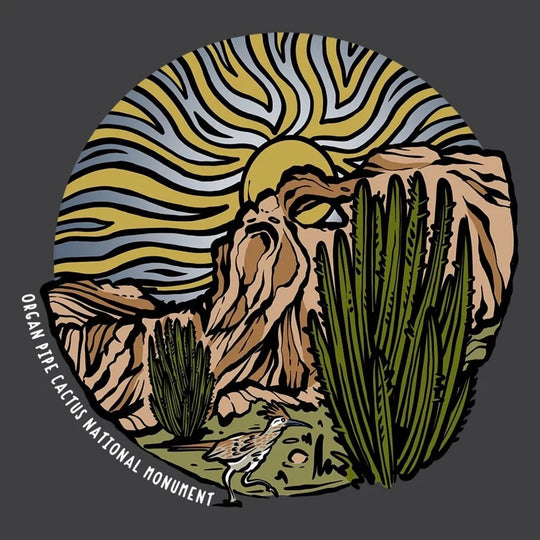 Illustration of a desert scene with cacti and a rock, featuring 'Organ Pipe Cactus National Monument'.