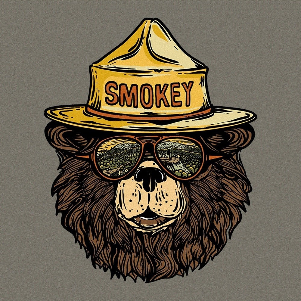 Illustration of a bear wearing a yellow hat with 'Smokey' on it and sunglasses, on a gray background.