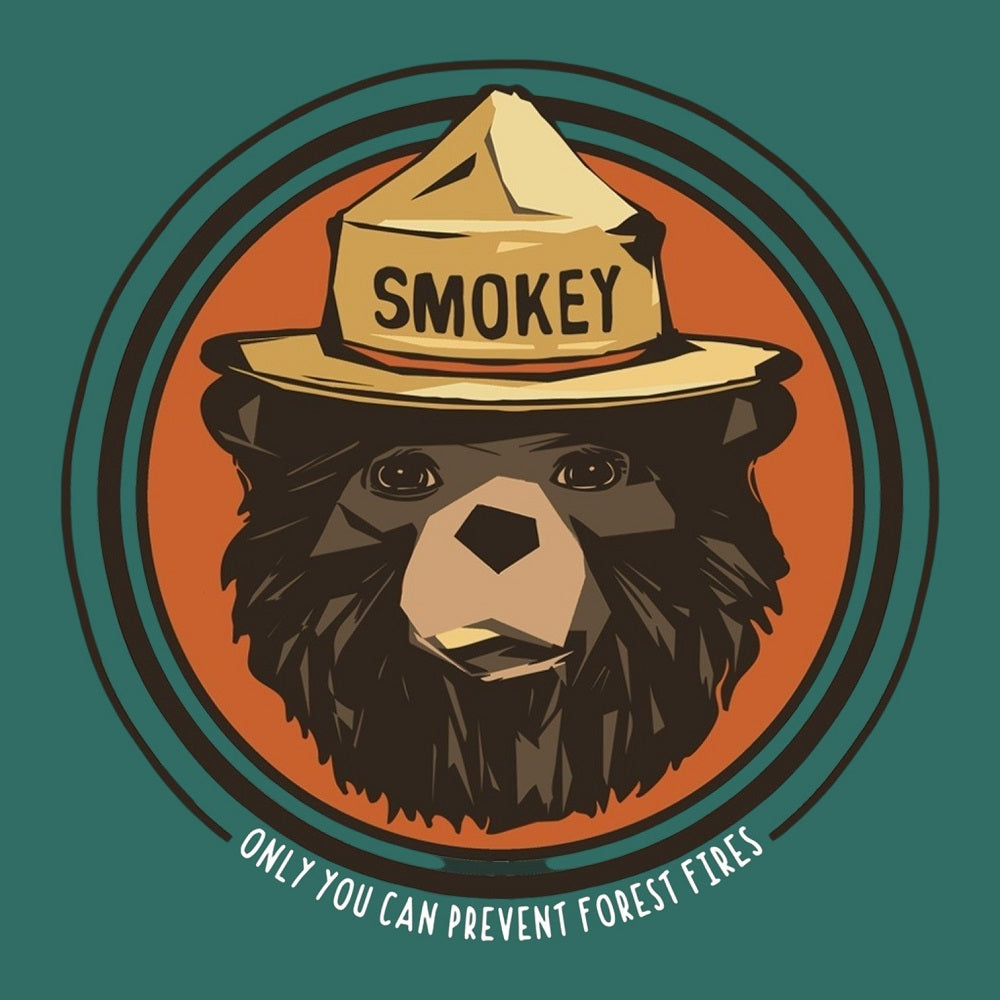 Illustration of a bear wearing a Smokey the Bear hat with a green border.