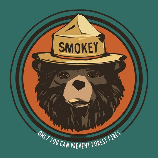 Illustration of a bear wearing a Smokey the Bear hat with a green border.