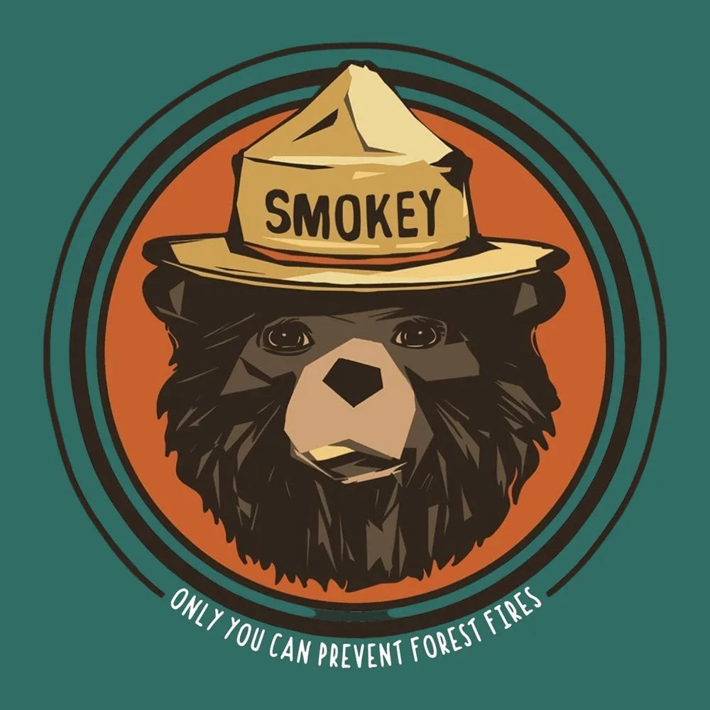 Illustration of a bear wearing a Smokey the Bear hat with a green border.
