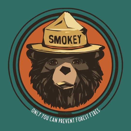 Illustration of a bear wearing a Smokey the Bear hat with a green border.