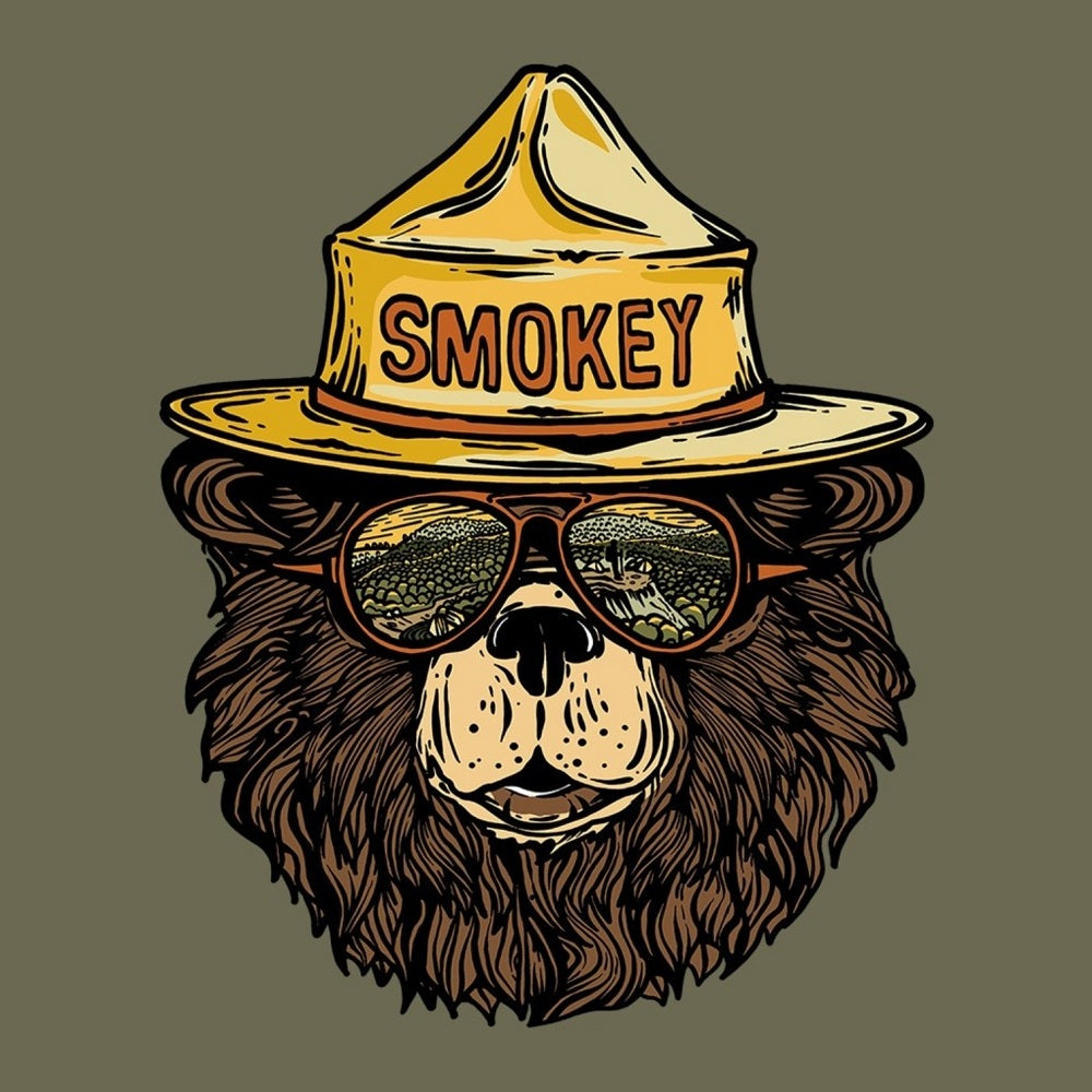 Illustration of a bear wearing a yellow 'Smokey' hat on a green background