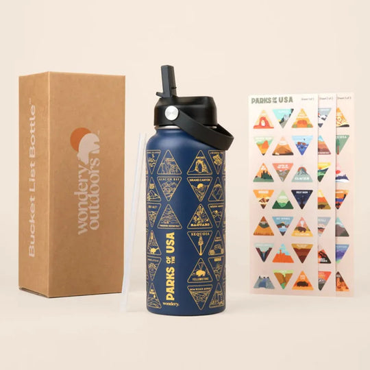 Blue water bottle with packaging and stickers