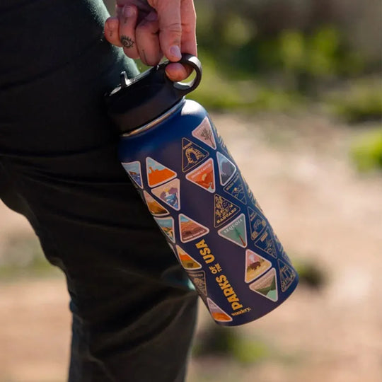 blue water bottle being held by loop handle