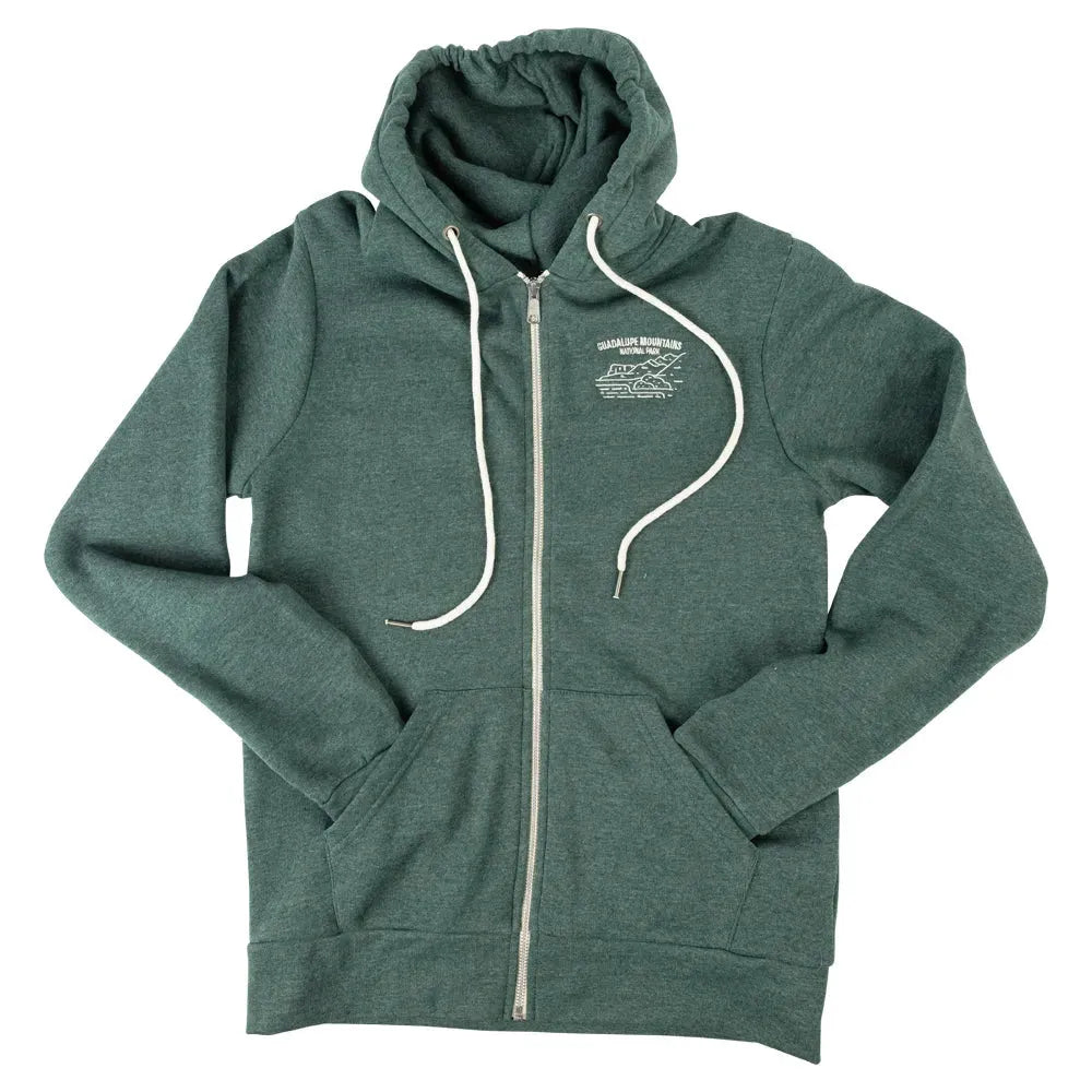 Guadalupe Mountains National Park Full Zip Fleece Hoodie – Fell Logo with arms folded into pockets