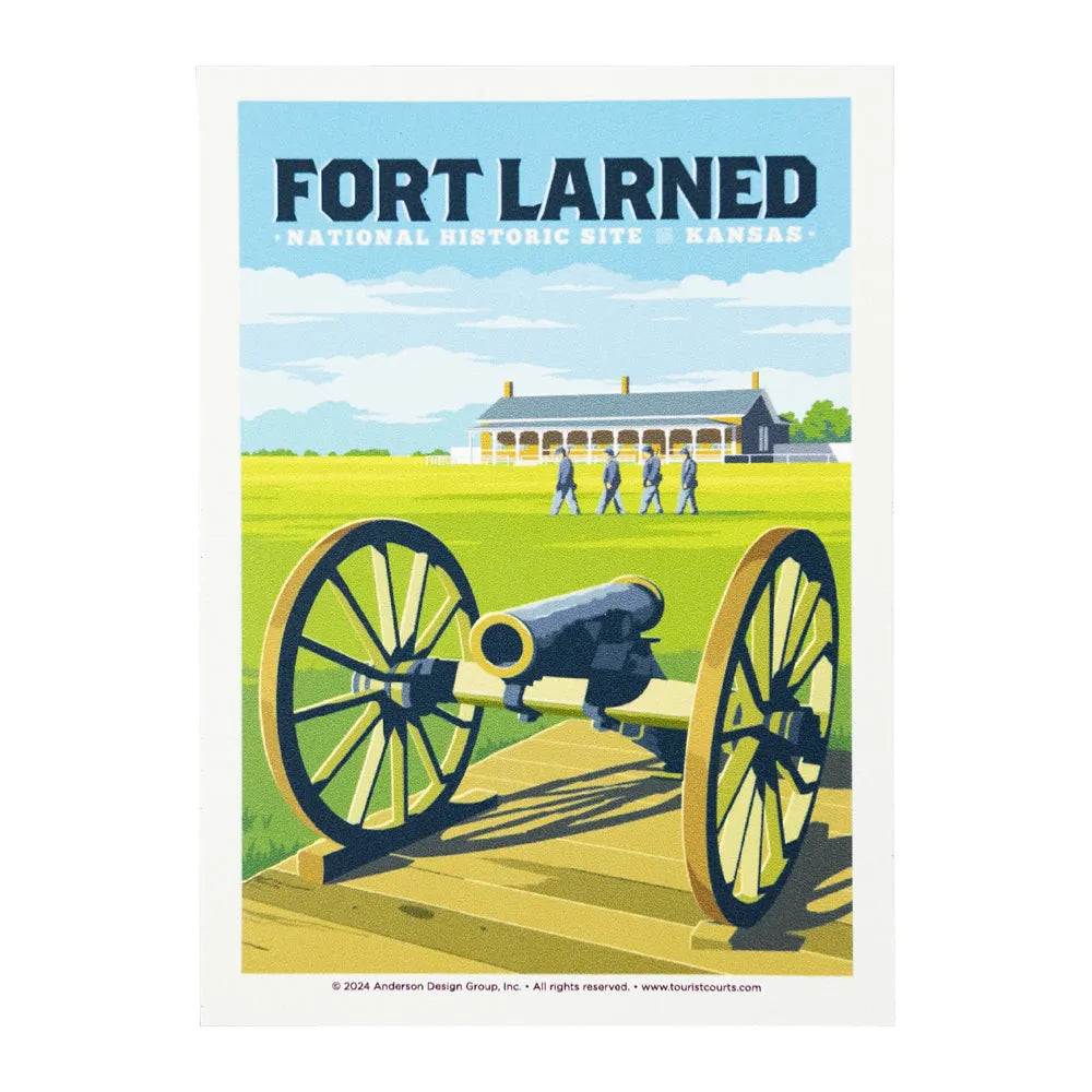 Illustration of Fort Larned National Historic Site with a cannon and soldiers on a grassy field.