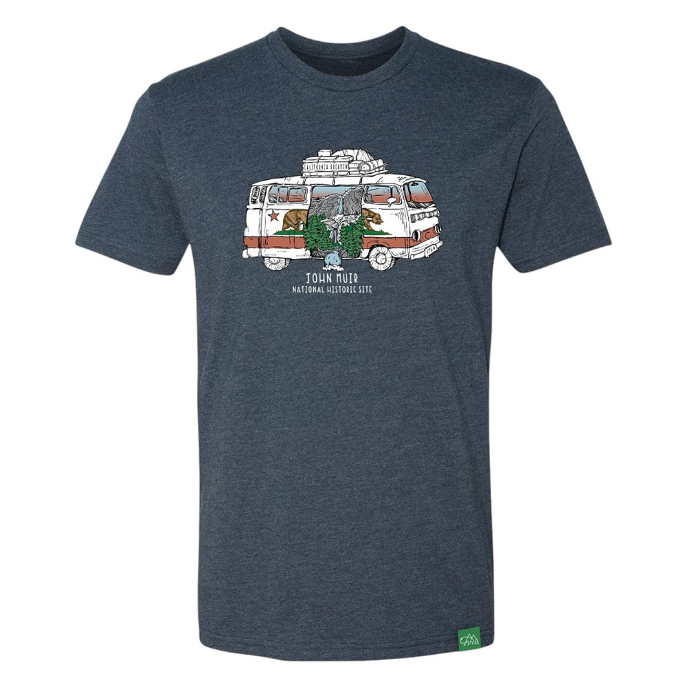 Navy blue t-shirt with a graphic of a van and nature elements on a white background and text 'John Muir National Historic Site'