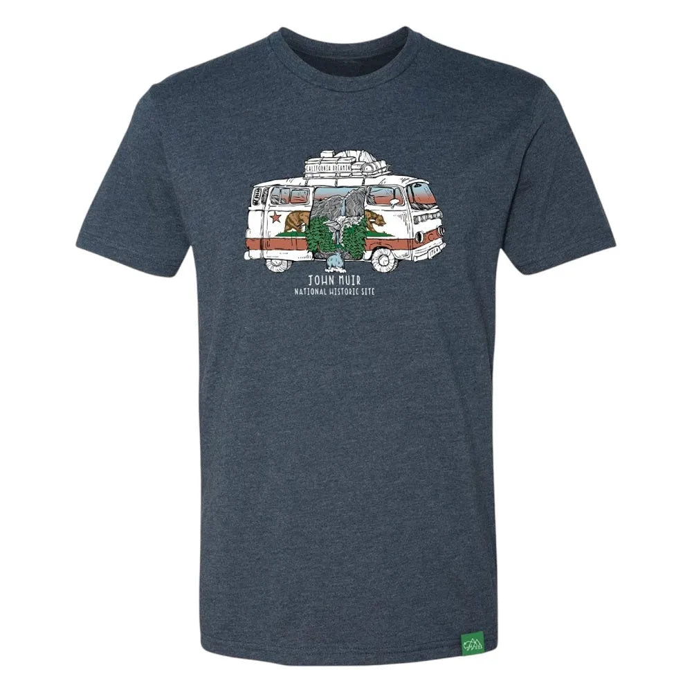 Navy blue t-shirt with a graphic of a van and nature elements on a white background and text 'John Muir National Historic Site'