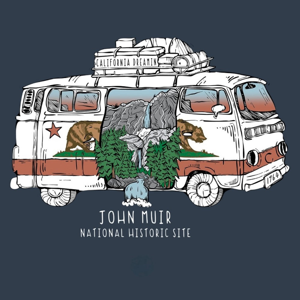 Illustration of a van with nature elements and 'John Muir National Historic Site' text on a dark background