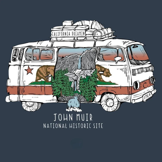 Illustration of a van with nature elements and 'John Muir National Historic Site' text on a dark background