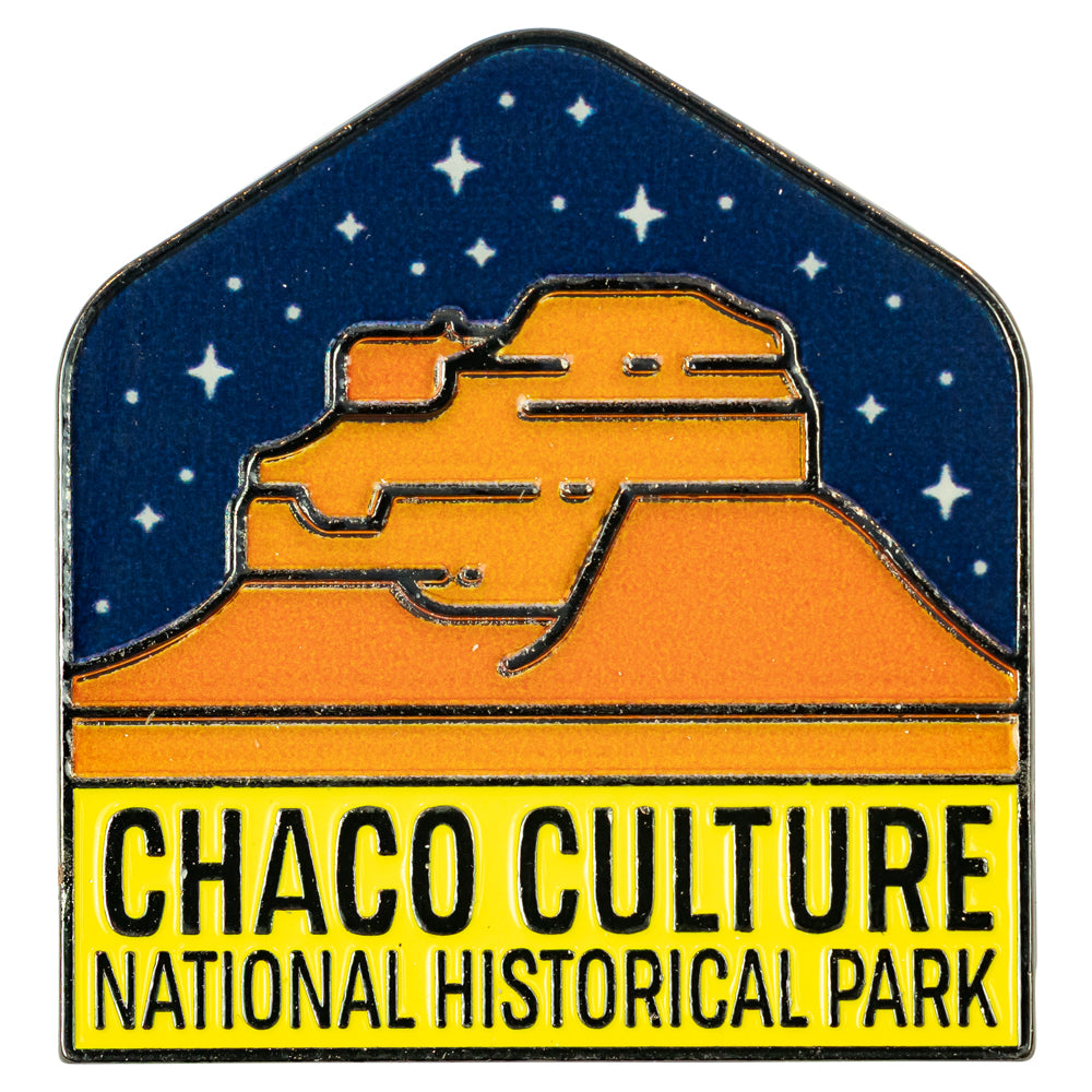 Pin with Chaco Culture National Historical Park design on a blue background with stars.