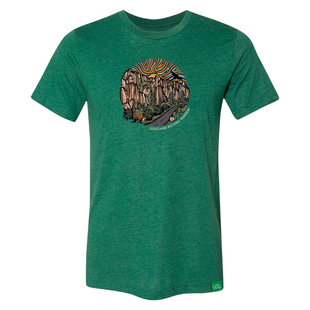 Green t-shirt with a nature graphic on a white background and text 'Chiricahua National Monument'