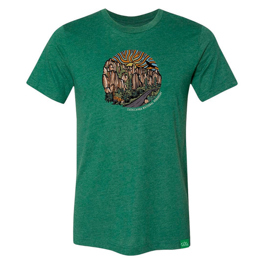 Green t-shirt with a nature graphic on a white background and text 'Chiricahua National Monument'