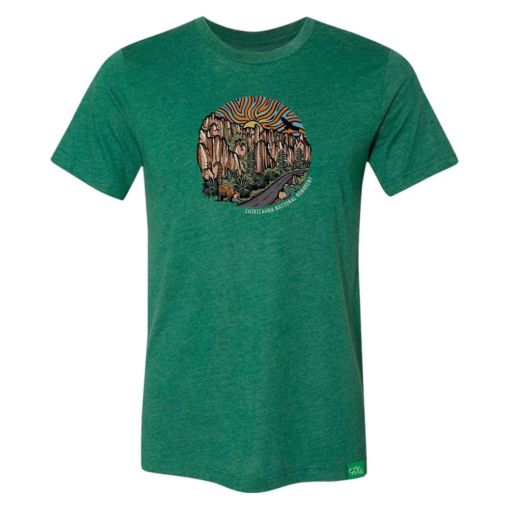 Green t-shirt with a nature graphic on a white background and text 'Chiricahua National Monument'