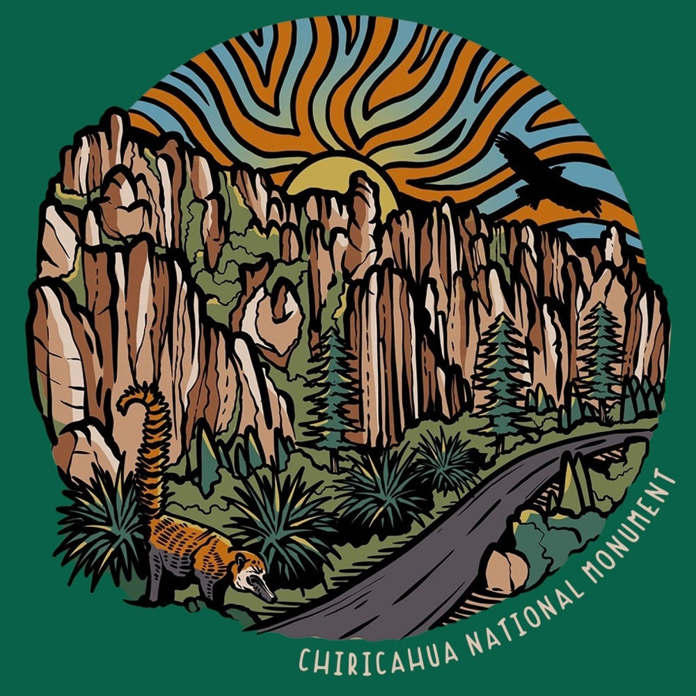Illustration of Chiricahua National Monument with a road, trees, and a sunset.