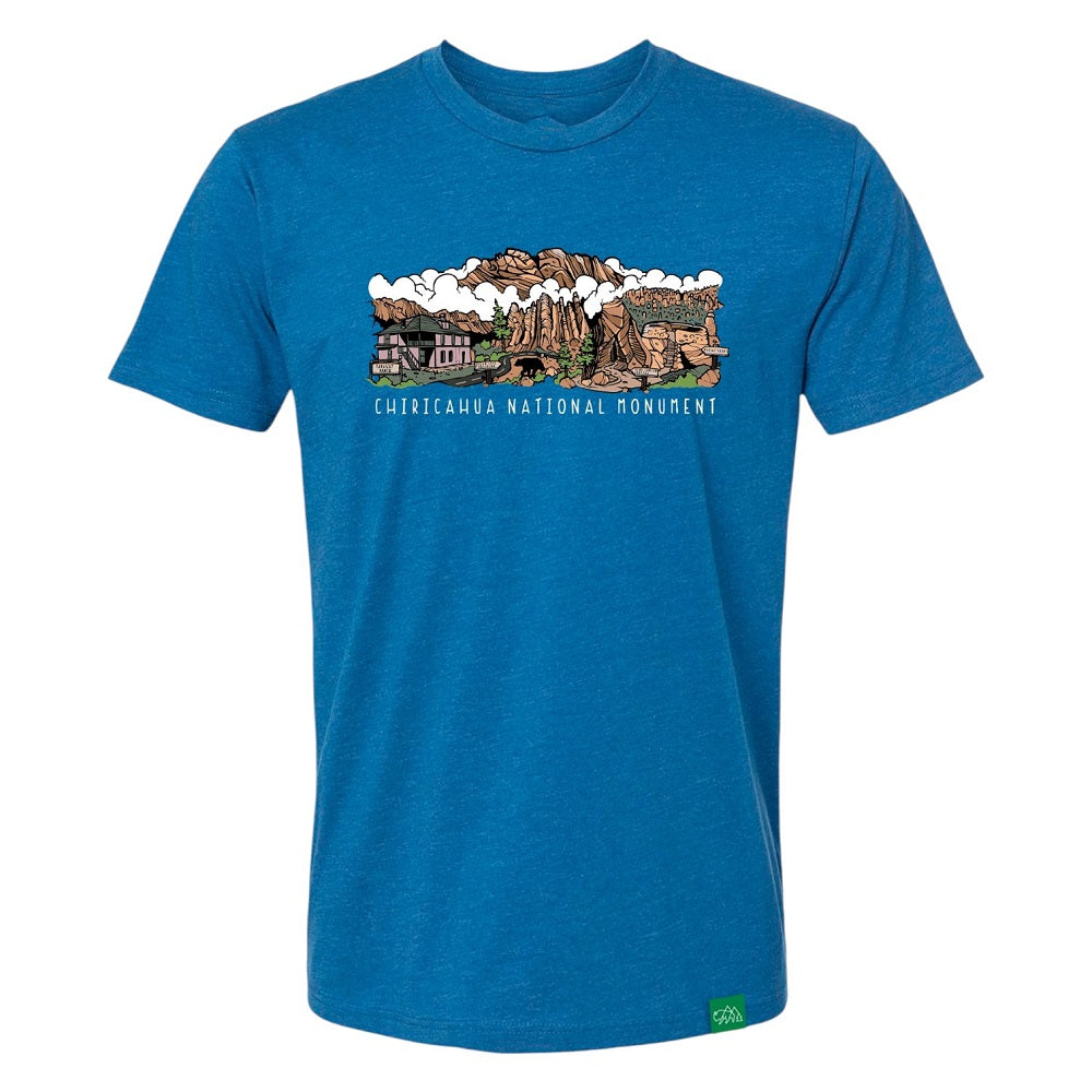 Blue t-shirt with Chiricahua National Monument graphic on a white background