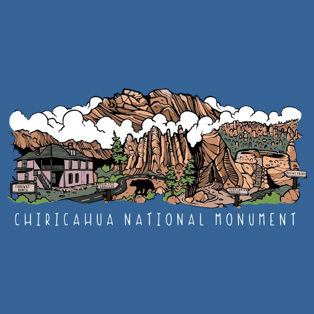Illustration of Chiricahua National Monument with mountains, buildings, and trees on a blue background.