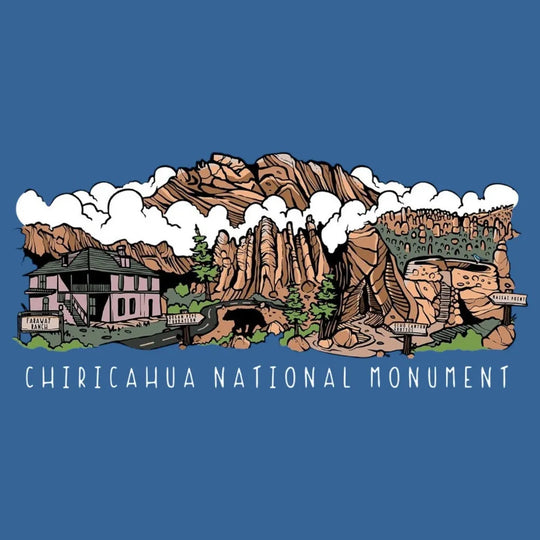 Illustration of Chiricahua National Monument with mountains, buildings, and trees on a blue background.