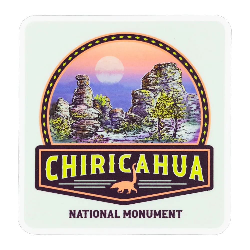 Sticker with Chiricahua National Monument design featuring rock formations and a moon.