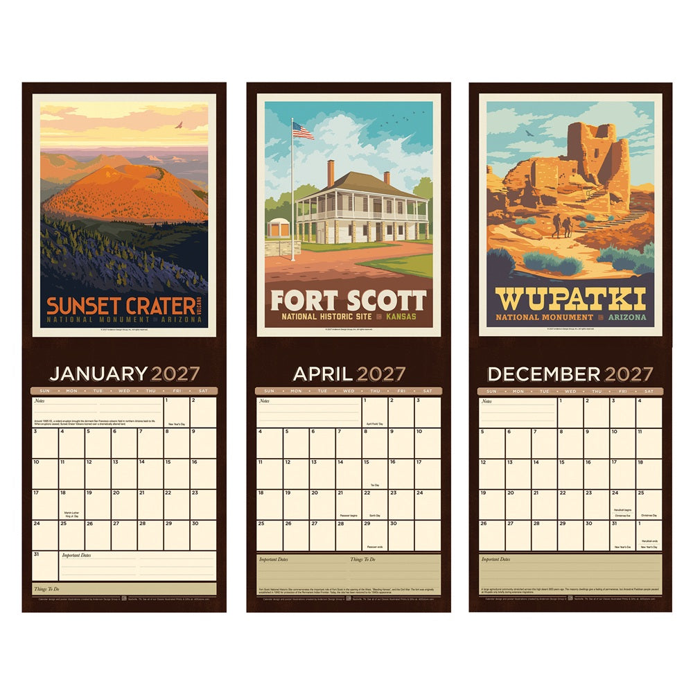 Three vintage-style travel calendar pages for January 2027, April 2027, and December 2027, featuring illustrated landscapes and destinations: Sunset Crater, Fort Scott, and Wupatki National Monument. Each page has a retro poster at the top and a calendar grid below on a dark background.