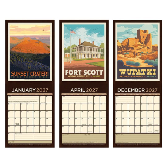 Three vintage-style travel calendar pages for January 2027, April 2027, and December 2027, featuring illustrated landscapes and destinations: Sunset Crater, Fort Scott, and Wupatki National Monument. Each page has a retro poster at the top and a calendar grid below on a dark background.