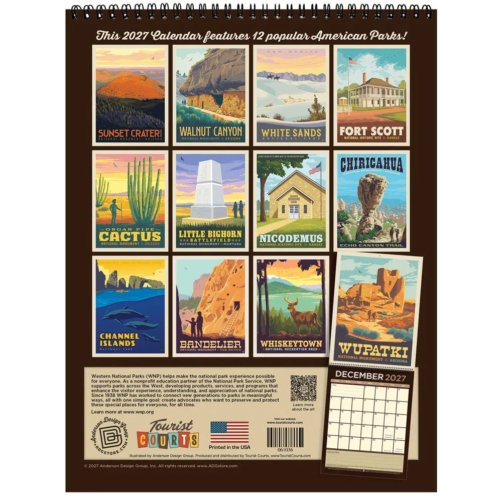 A spiral-bound 2027 wall calendar featuring twelve vintage-style American national park illustrations on the back cover, with a December 2027 calendar grid and park descriptions at the bottom.
