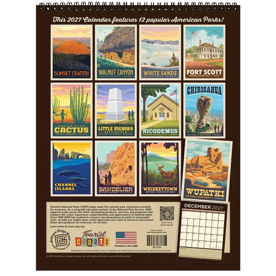 A spiral-bound 2027 wall calendar featuring twelve vintage-style American national park illustrations on the back cover, with a December 2027 calendar grid and park descriptions at the bottom.