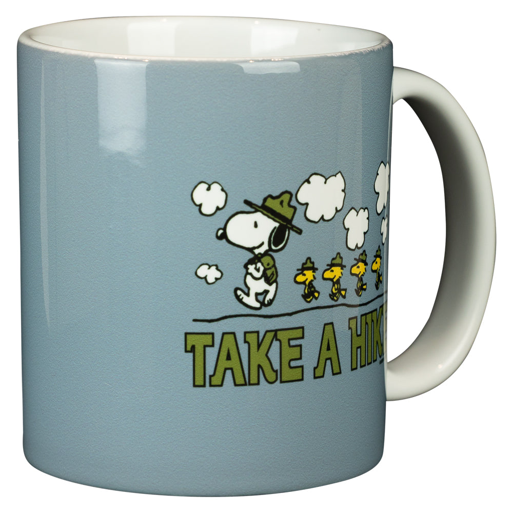 Mug with Snoopy and Woodstock design and 'Take a Hike' text on a blue background