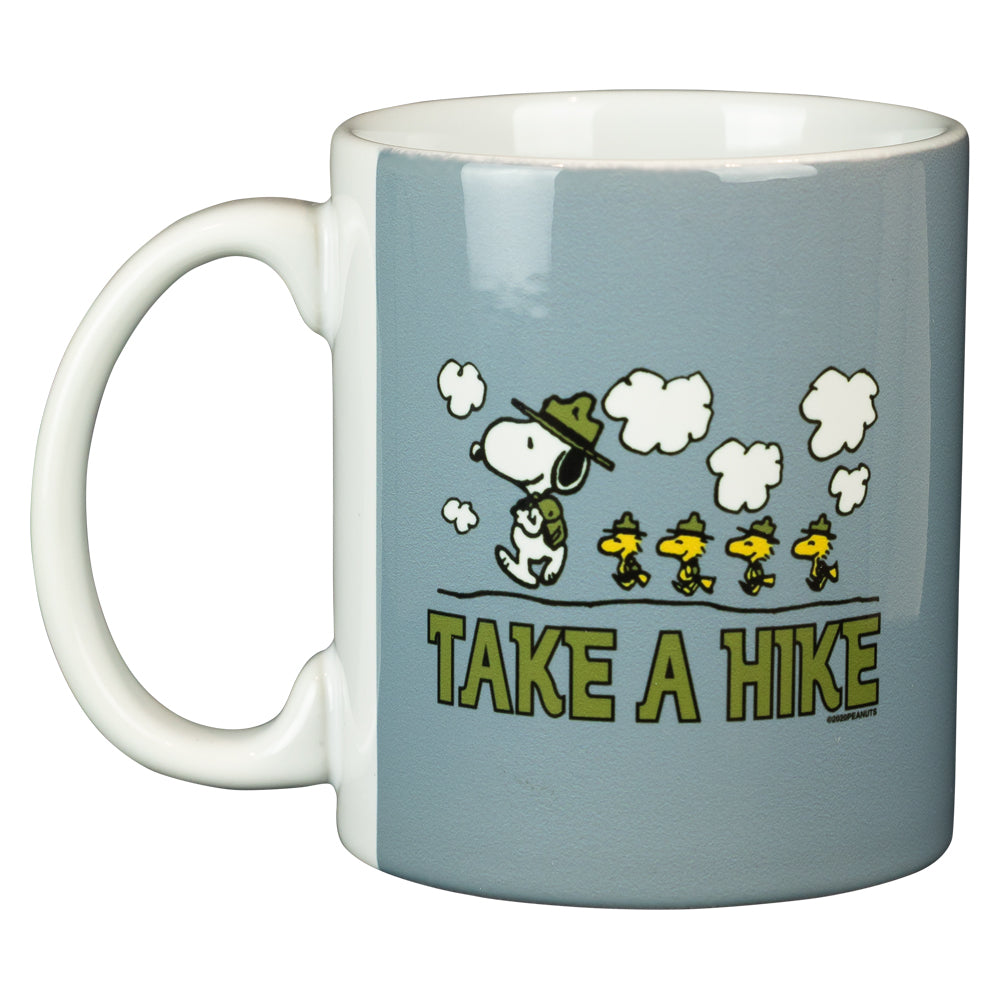 Mug with Snoopy and Woodstock design and 'Take a Hike' text on a light blue background