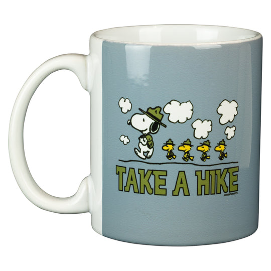 Mug with Snoopy and Woodstock design and 'Take a Hike' text on a light blue background
