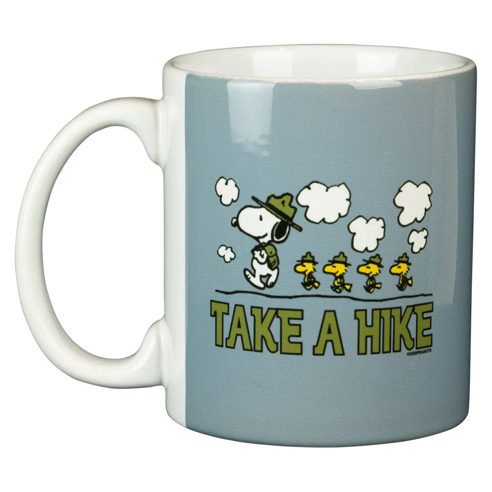 Mug with Snoopy and Woodstock design and 'Take a Hike' text on a light blue background