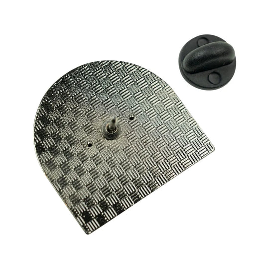 A silver metal dome-shaped hook with a diamond plate texture and a central pin, shown next to a small black plastic cap on a white background.