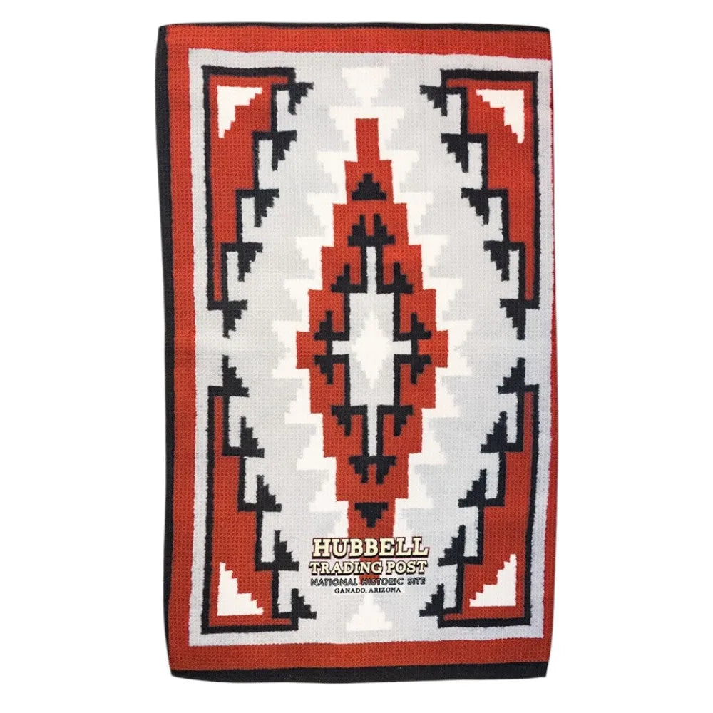Kitchen towel with geometric pattern and Hubbell Trading Post branding on a white background