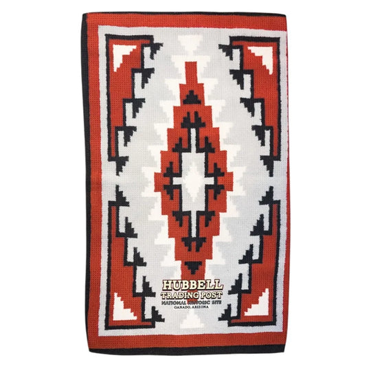 Kitchen towel with geometric pattern and Hubbell Trading Post branding on a white background