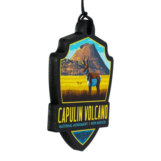 Capulin Volcano National Monument ornament with a deer and mountain illustration on a white background