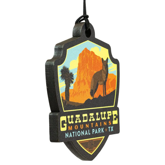 Decorative ornament of Guadalupe Mountains National Park with desert landscape and mountain.