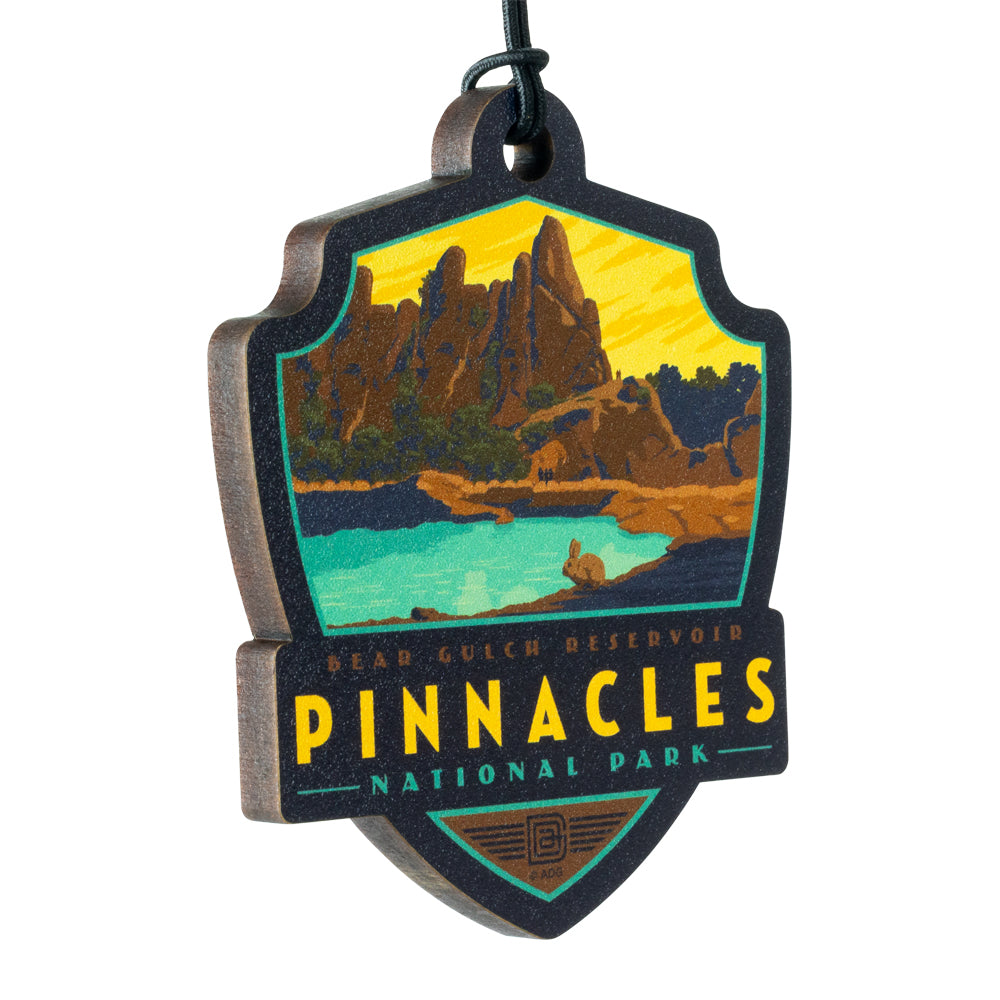 Pinnacles National Park wood badge ornament with scenic design on a white background