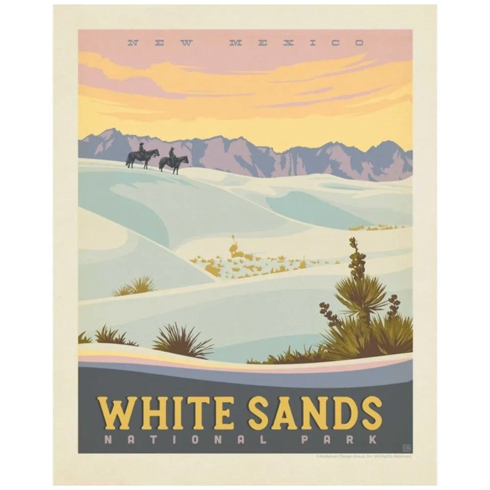 A vintage-style travel poster for White Sands National Park in New Mexico, showing pale blue-white sand dunes, distant purple mountains, and a warm yellow-orange sky. The text 'NEW MEXICO' appears at the top and 'WHITE SANDS NATIONAL PARK' appears in a dark banner at the bottom.
