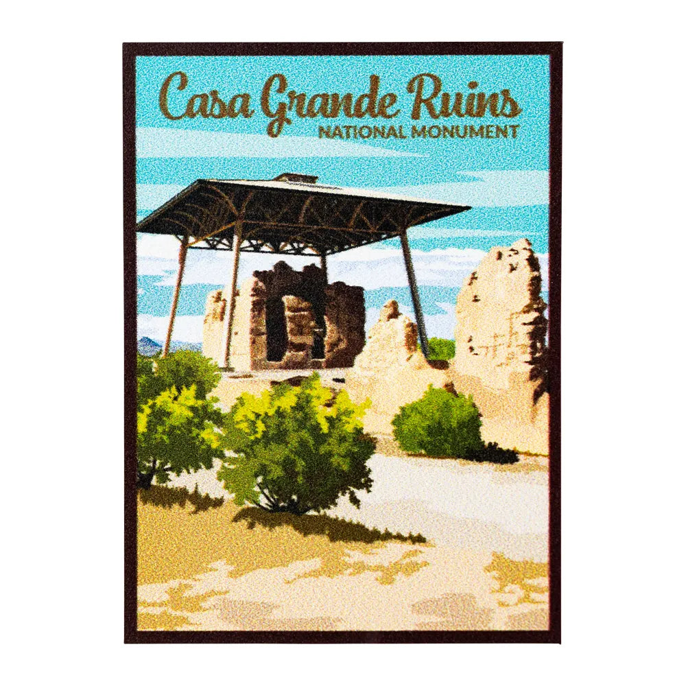 Sticker of Casa Grande Ruins National Monument with a scenic view and text.