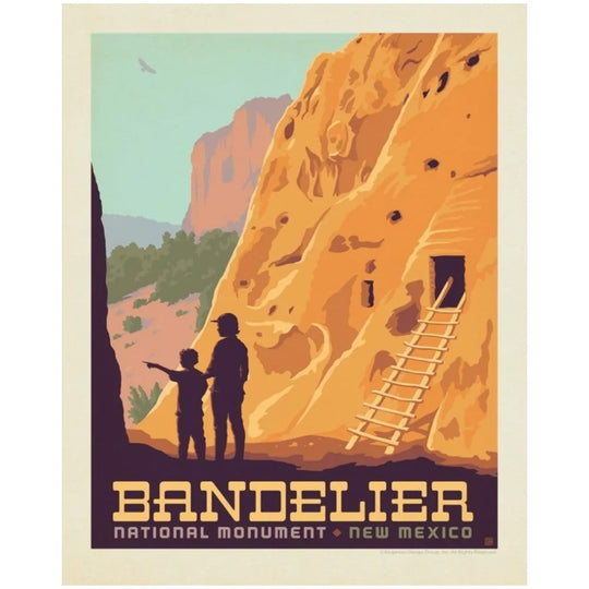 A vintage-style travel poster for Bandelier National Monument in New Mexico, showing a large orange rock cliff with a wooden ladder, silhouetted figures at the base, and the text &