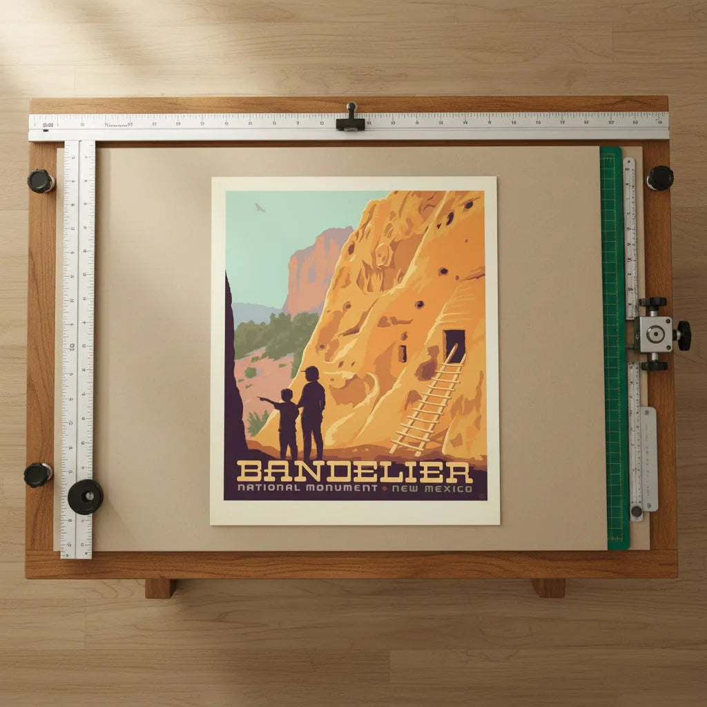 A vintage-style travel poster for Bandelier National Monument in New Mexico, showing a large orange rock cliff with a wooden ladder, silhouetted figures at the base, placed on a drafting table.