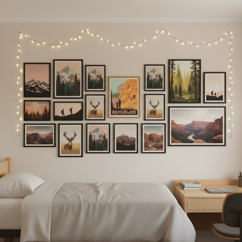 A vintage-style travel poster for Bandelier National Monument in New Mexico, mounted on a gallery wall in a college dorm room.