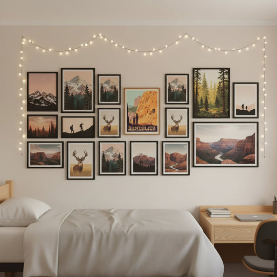 A vintage-style travel poster for Bandelier National Monument in New Mexico, mounted on a gallery wall in a college dorm room.