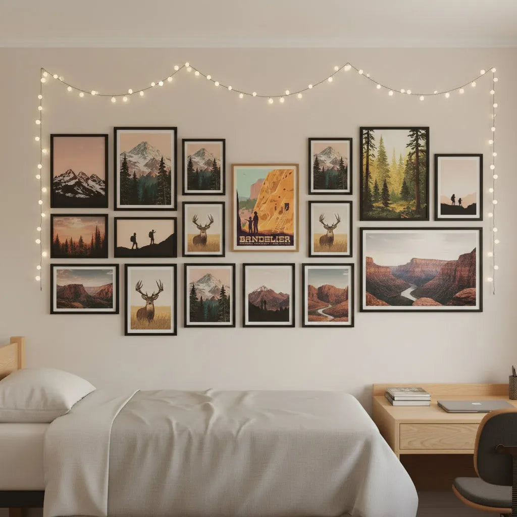 A vintage-style travel poster for Bandelier National Monument in New Mexico, mounted on a gallery wall in a college dorm room.