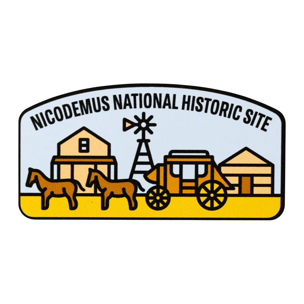 Sticker of Nicodemus National Historic Site featuring a horse-drawn carriage, buildings, and windmill.