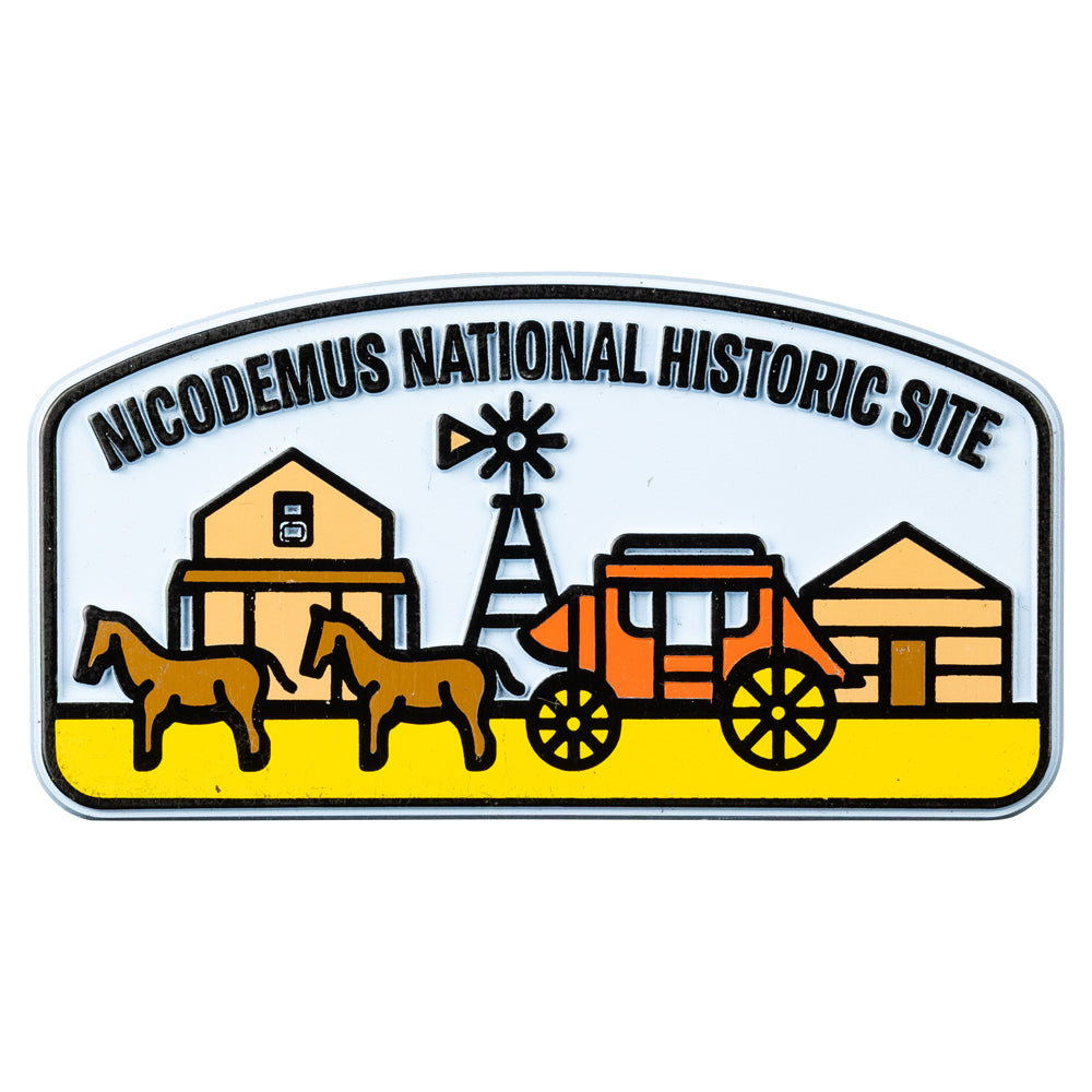 Logo of Nicodemus National Historic Site featuring a stagecoach, horses, and buildings.