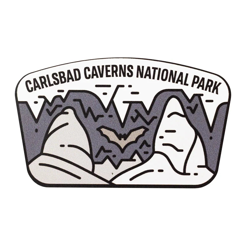 Logo of Carlsbad Caverns National Park with mountain and cave design.