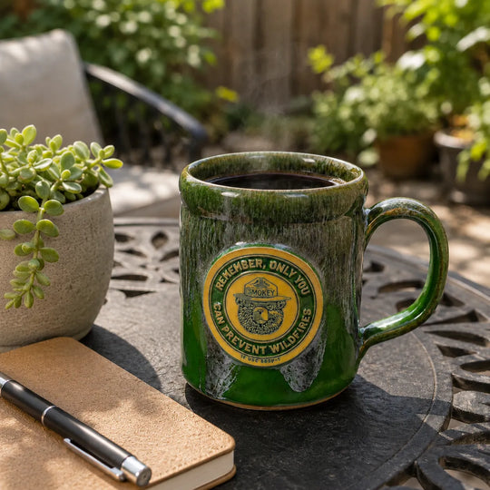 A green ceramic coffee mug with a yellow circular Smokey Bear emblem, filled with black coffee and placed on a dark metal patio table outdoors.