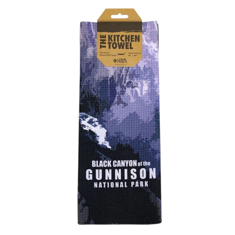 Packaged kitchen towel with 'Black Canyon of the Gunnison National Park' design on a white background